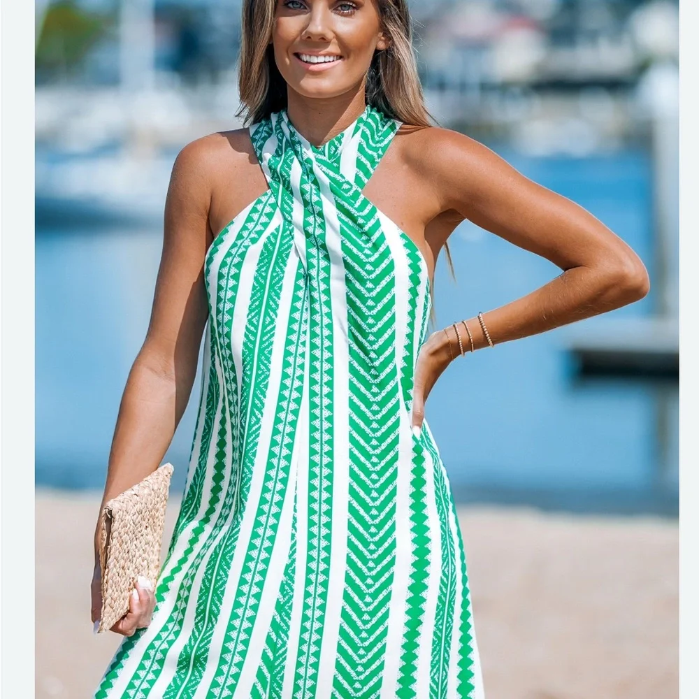 Cupshe Striped Crossover Halterneck Mini Dress NWT - Picture 2 of 13